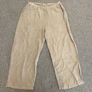Heaven Pants Womens Medium 100% Linen Wide Leg Beige Pull On Cropped Ankle High